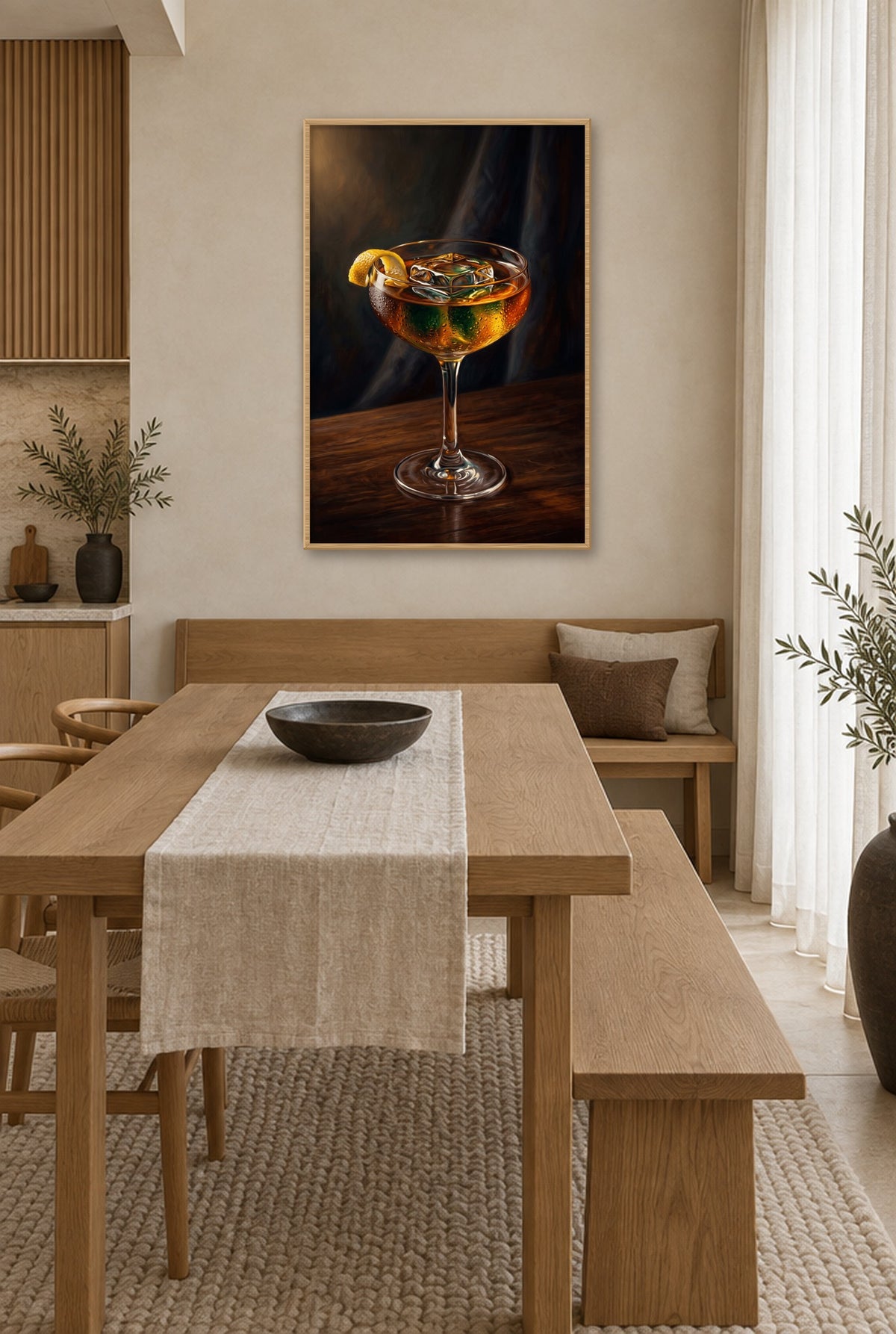 Cocktail bij Avondlicht Wandbild mit Naturholzrahmen an der Wand in der Küche