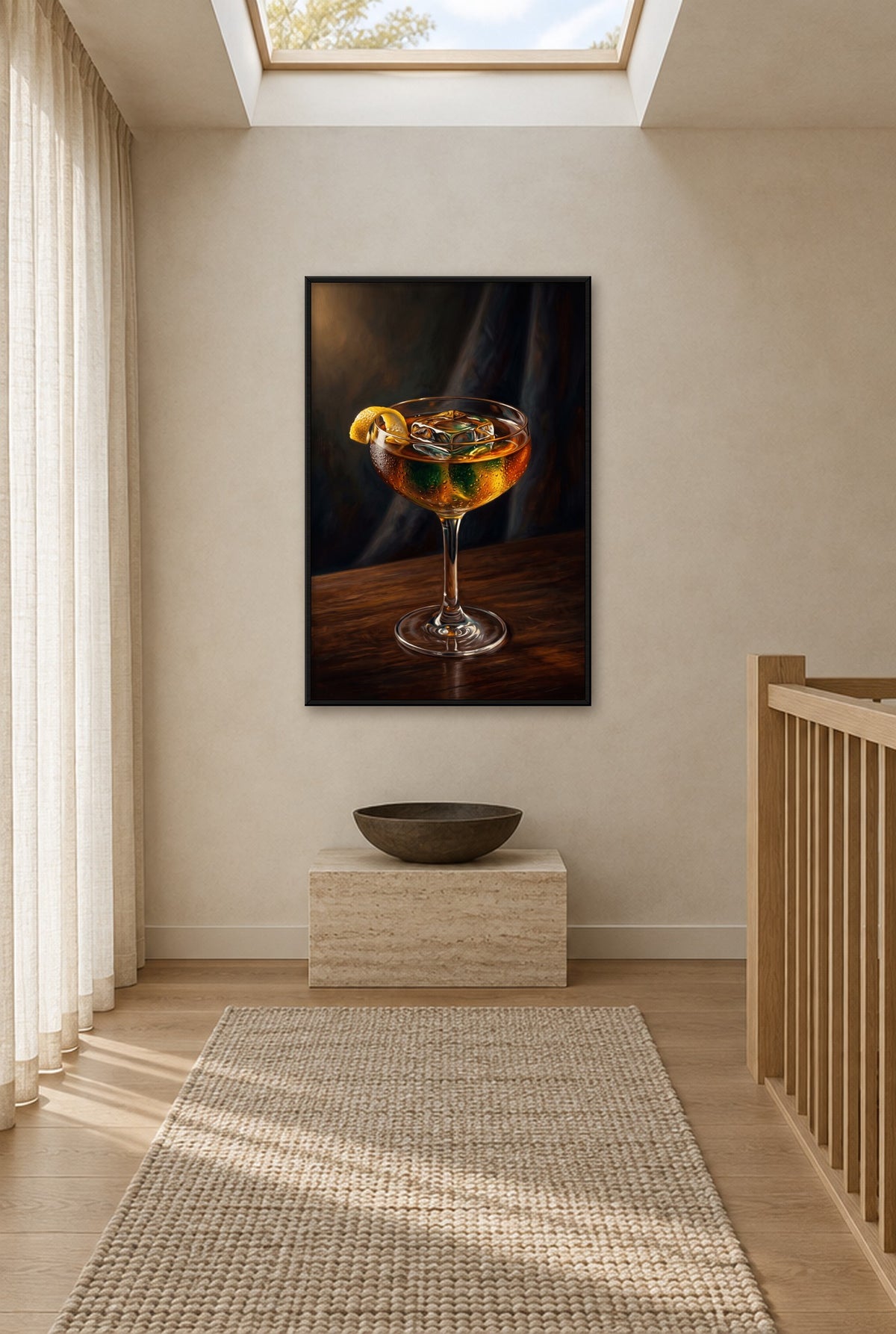 Cocktail bij Avondlicht Wandbild mit schwarzem Rahmen an der Wand im Flur