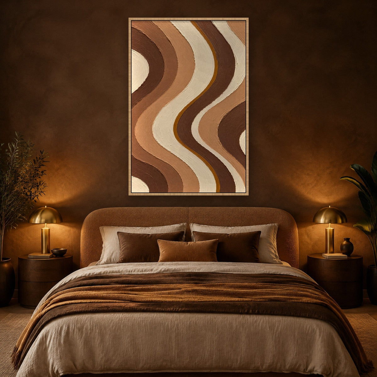 Kaffeewellen in Espresso und Karamell Wandbild mit Naturholzrahmen an der Wand im Schlafzimmer