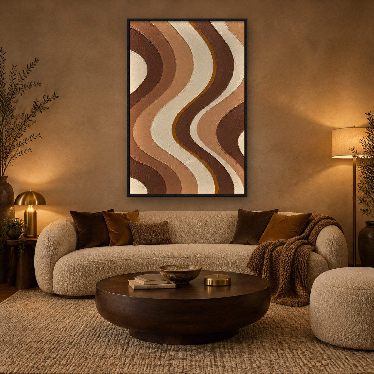 Kaffeewellen in Espresso und Karamell Wandbild mit schwarzem Rahmen an der Wand im Wohnzimmer