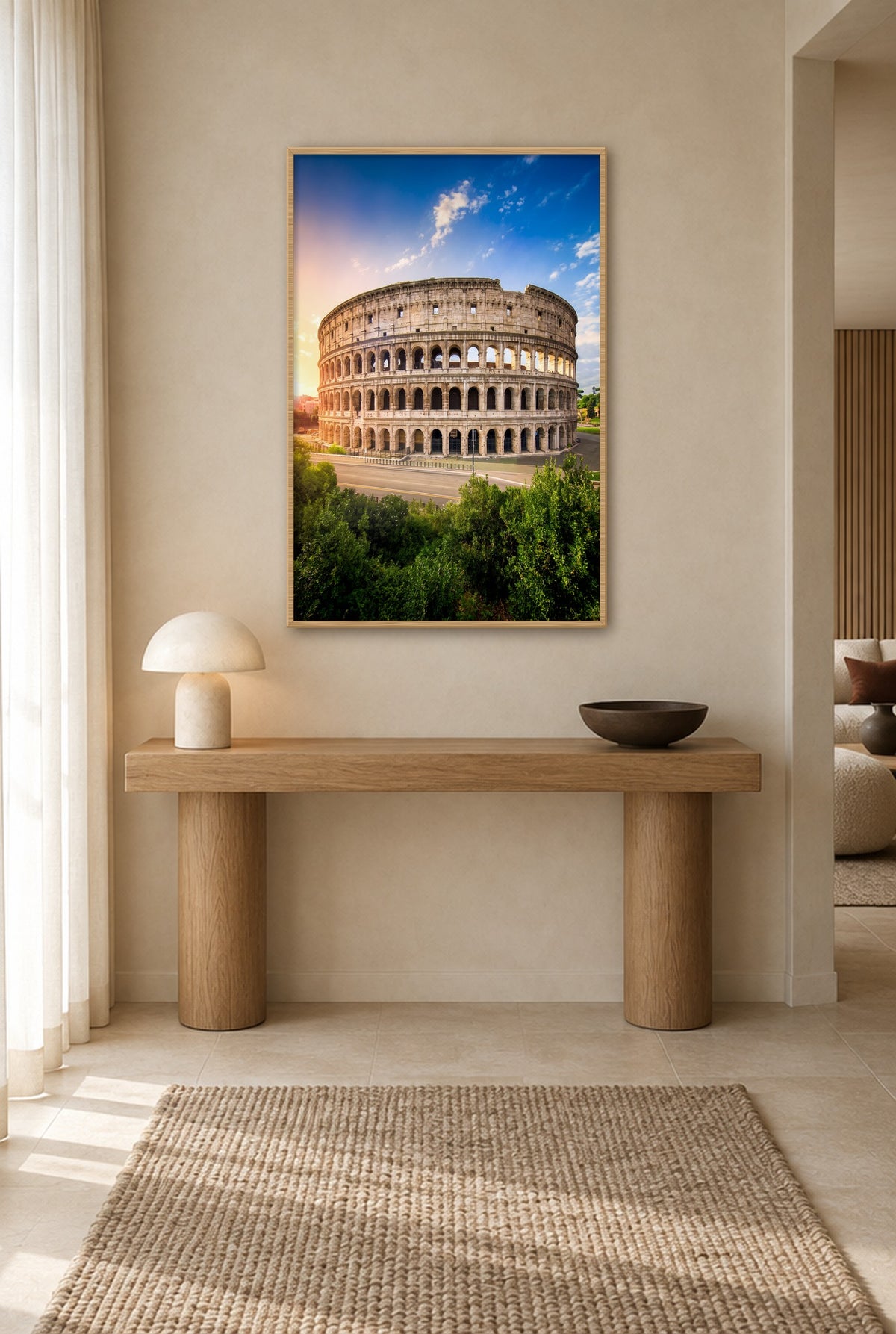 Colosseum onder Strakblauwe Hemel wall art with natural wood frame on the wall in the hallway