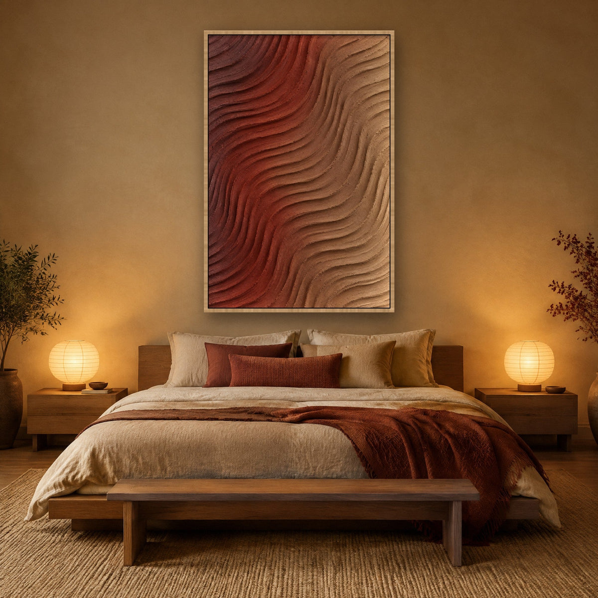 Combed Clay in Aubergine and Rust wall art with natural wood frame on the wall in the bedroom