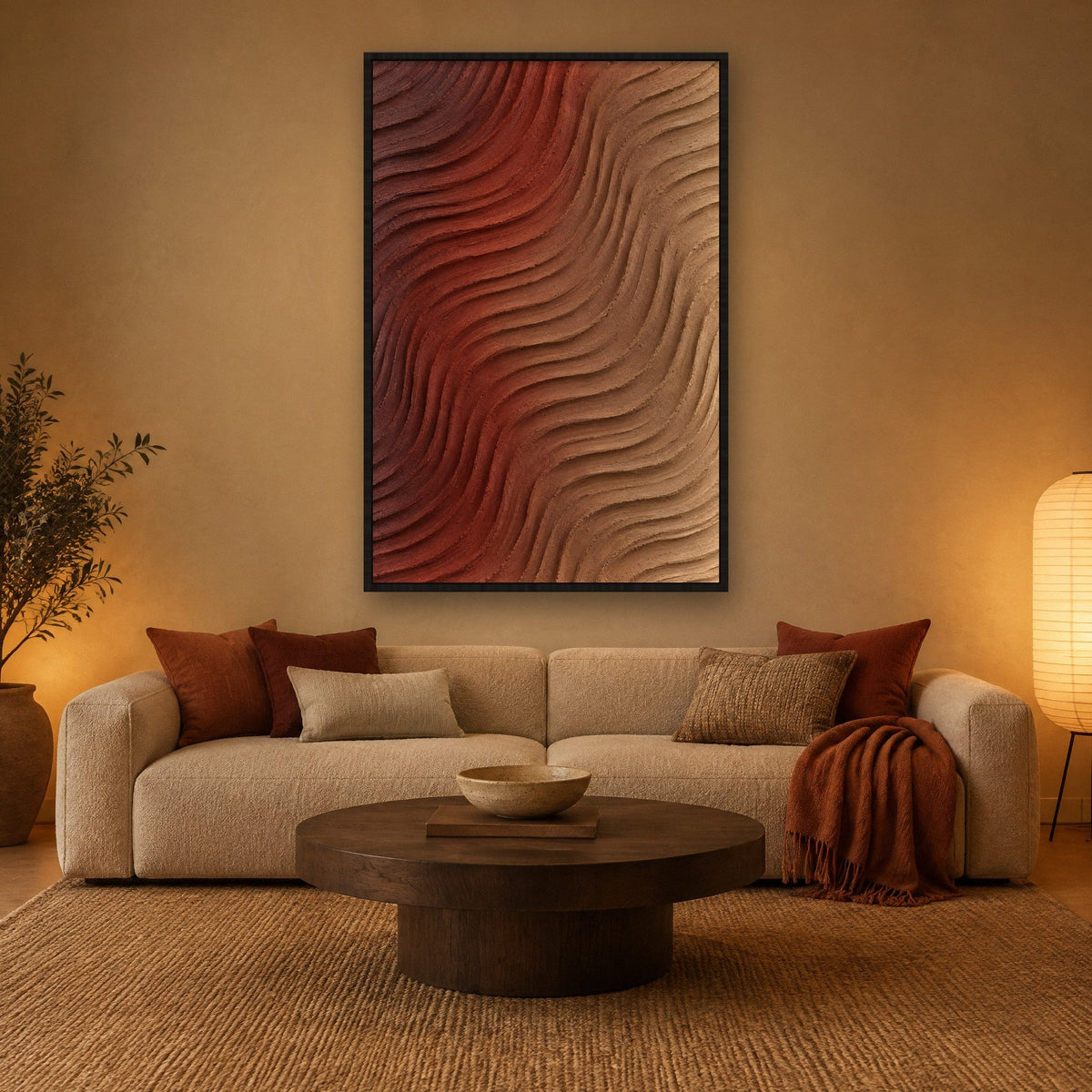 Combed Clay in Aubergine and Rust wall art with black frame on the wall in the living room