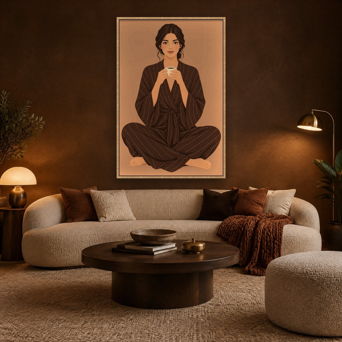 Kaffeepause im braunen Kimono Wandbild mit Naturholzrahmen an der Wand im Wohnzimmer