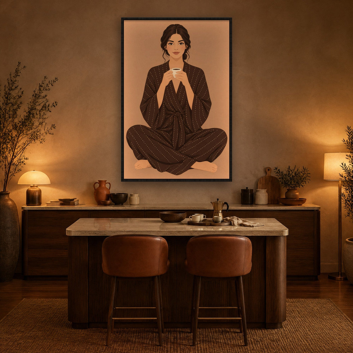 Kaffeepause im braunen Kimono Wandbild mit schwarzem Rahmen an der Wand in der Küche