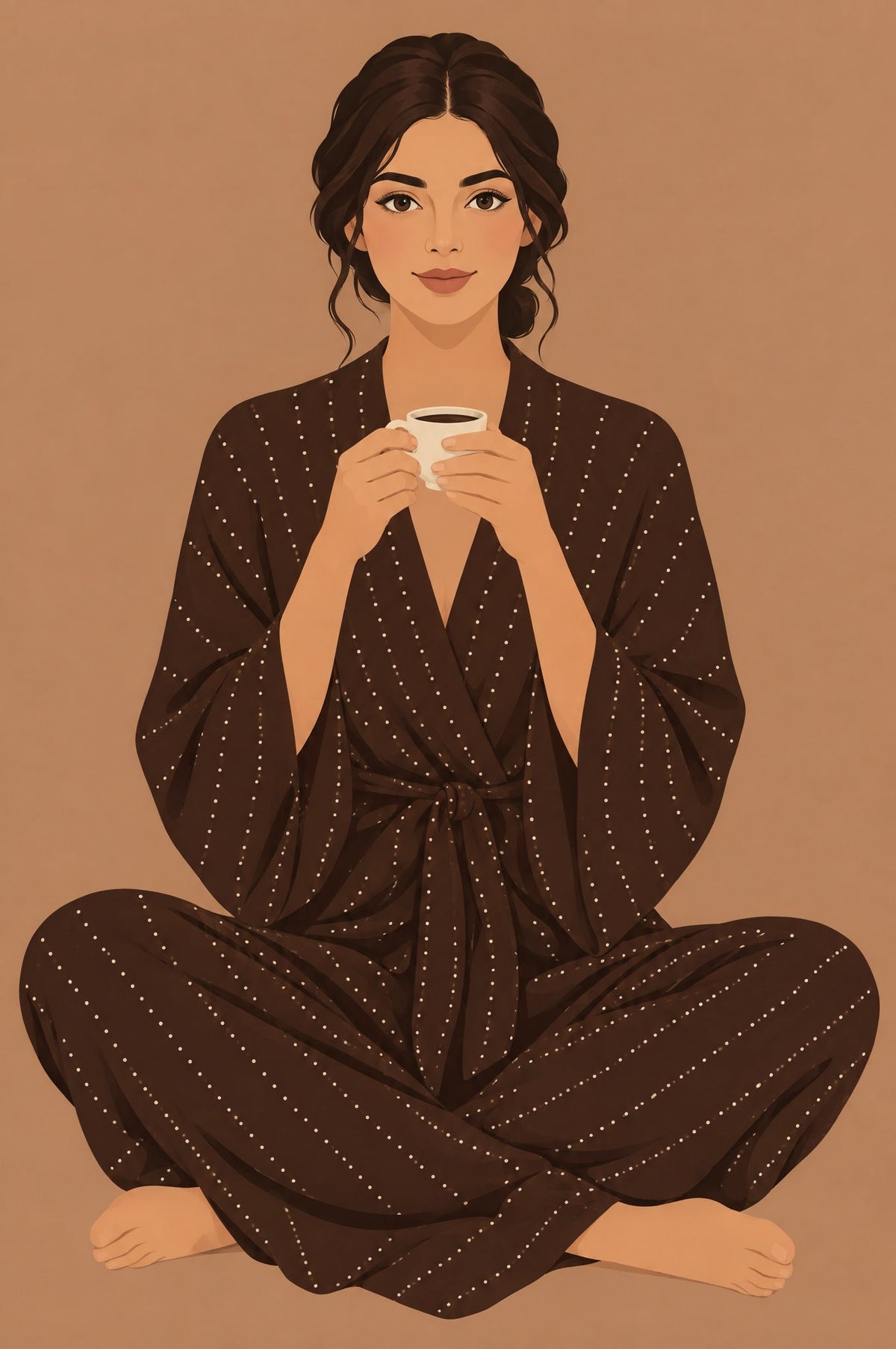 Illustration einer Frau im Schneidersitz im braunen Kimono mit weißer Espressotasse