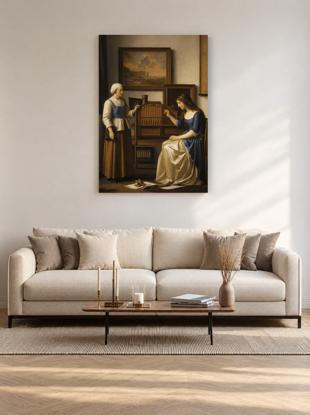 Dame en Dienstbode als canvas zonder lijst aan de muur