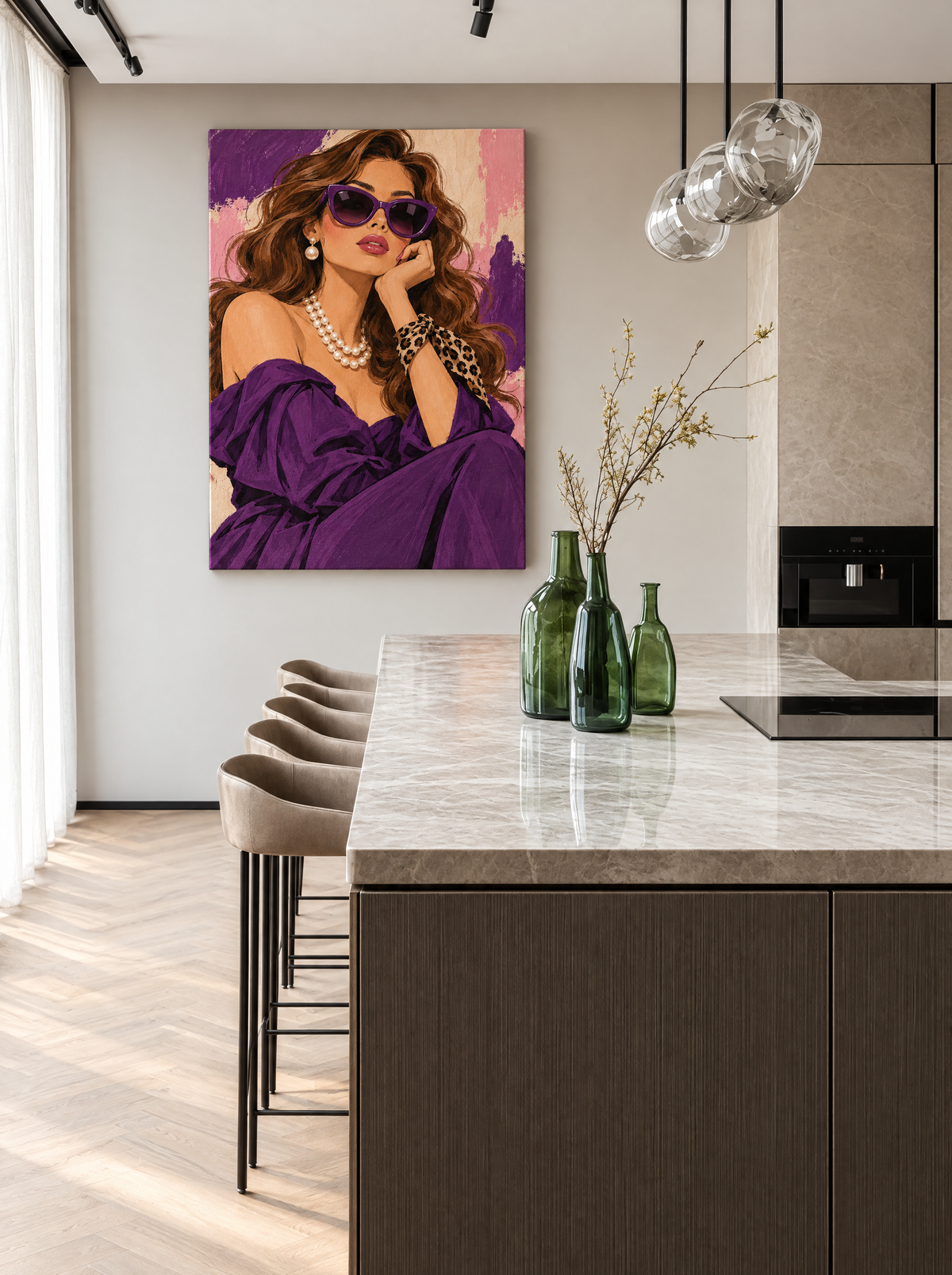 Dame in Paars met Parels als canvas zonder lijst aan de muur