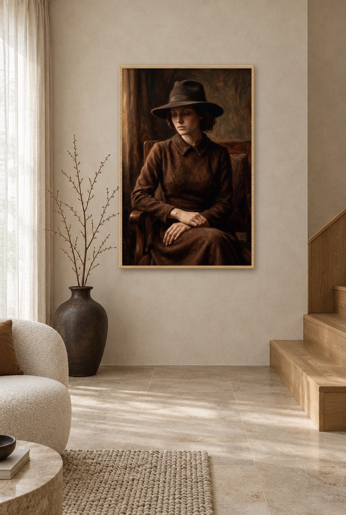 Dame in Zonlicht Wandbild mit Naturholzrahmen an der Wand im Flur