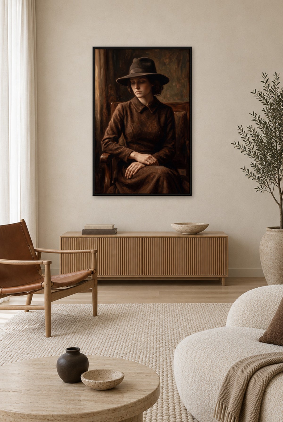 Dame in Zonlicht Wandbild mit schwarzem Rahmen an der Wand im Wohnzimmer