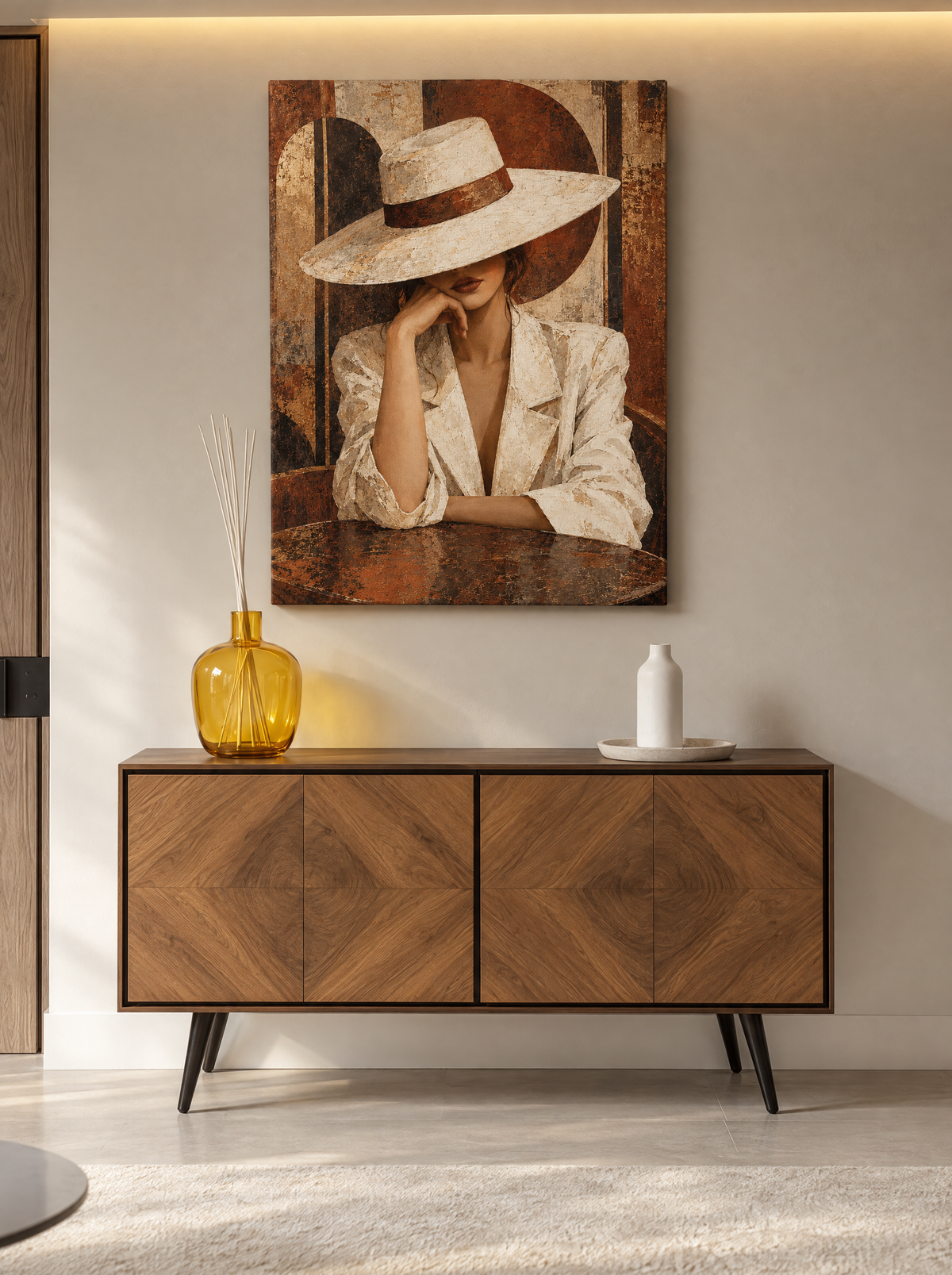 Dame met Witte Hoed aan Tafel als canvas zonder lijst aan de muur