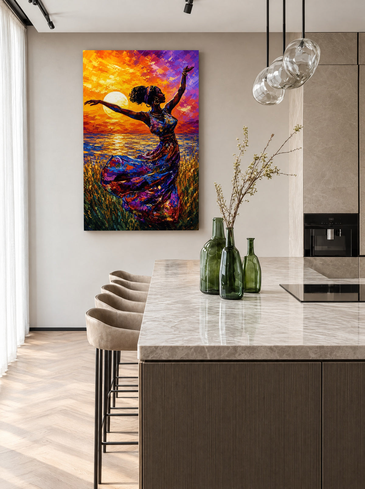 Dansen met de Zonnegloed als canvas zonder lijst aan de muur