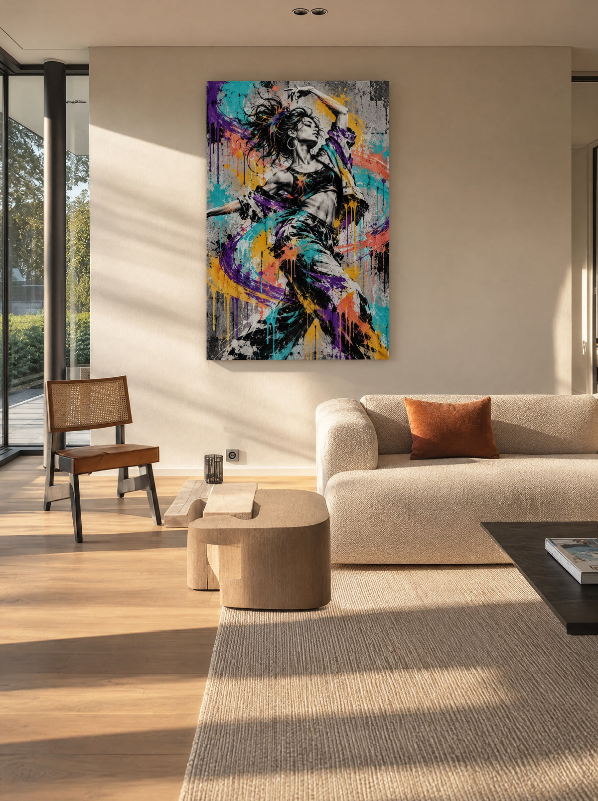 Dansende Kleurstorm als canvas zonder lijst aan de muur