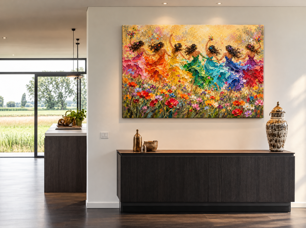 Dansende Vrouwen in Bloemenveld als canvas zonder lijst aan de muur