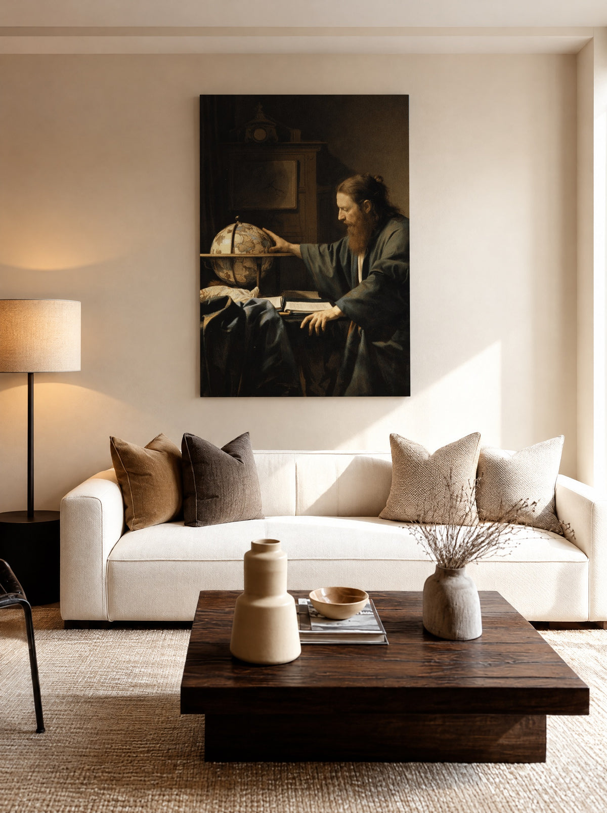 De Astronoom als canvas zonder lijst aan de muur