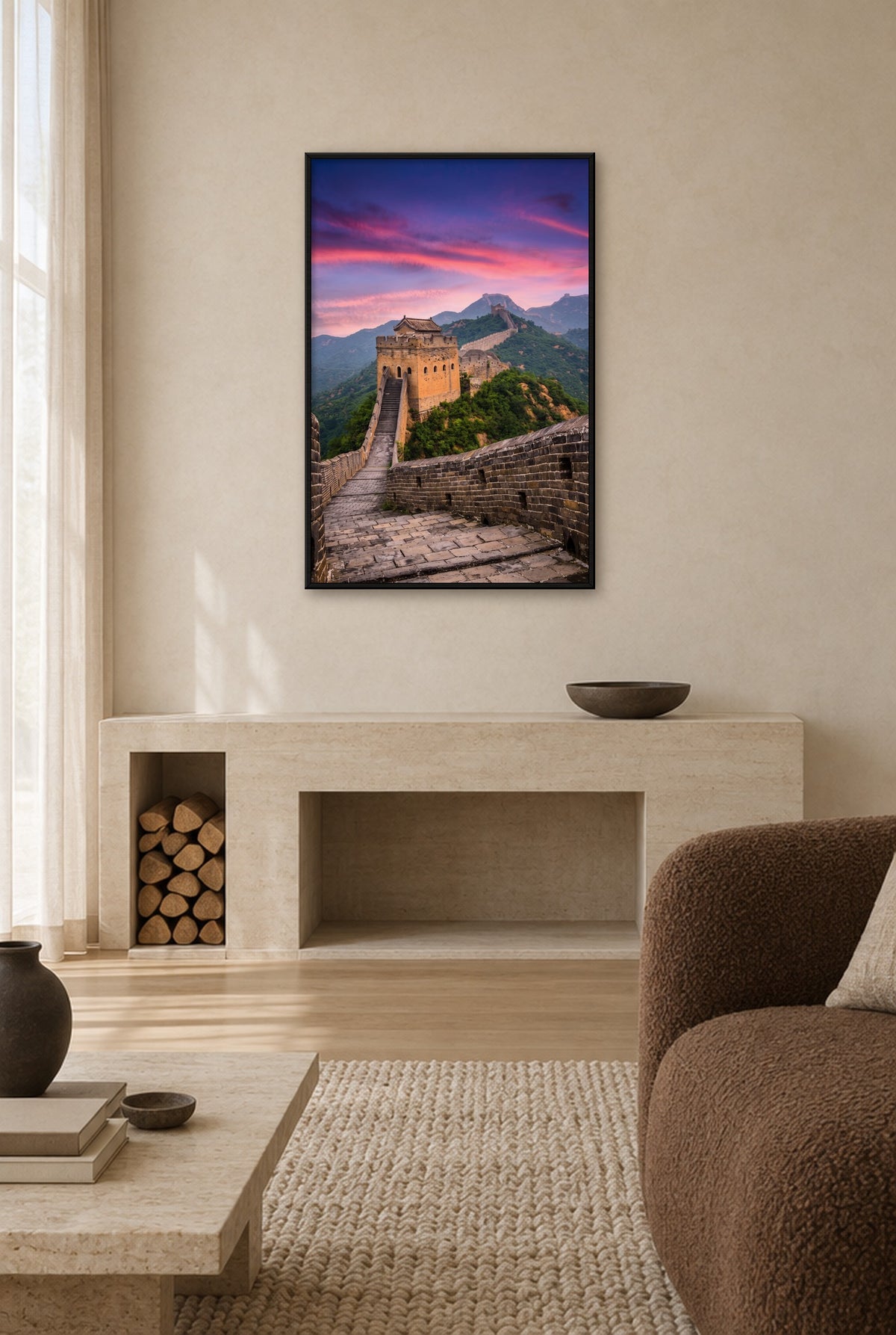 De Chinese Muur bij Avondrood Wandbild mit schwarzem Rahmen an der Wand im Wohnzimmer