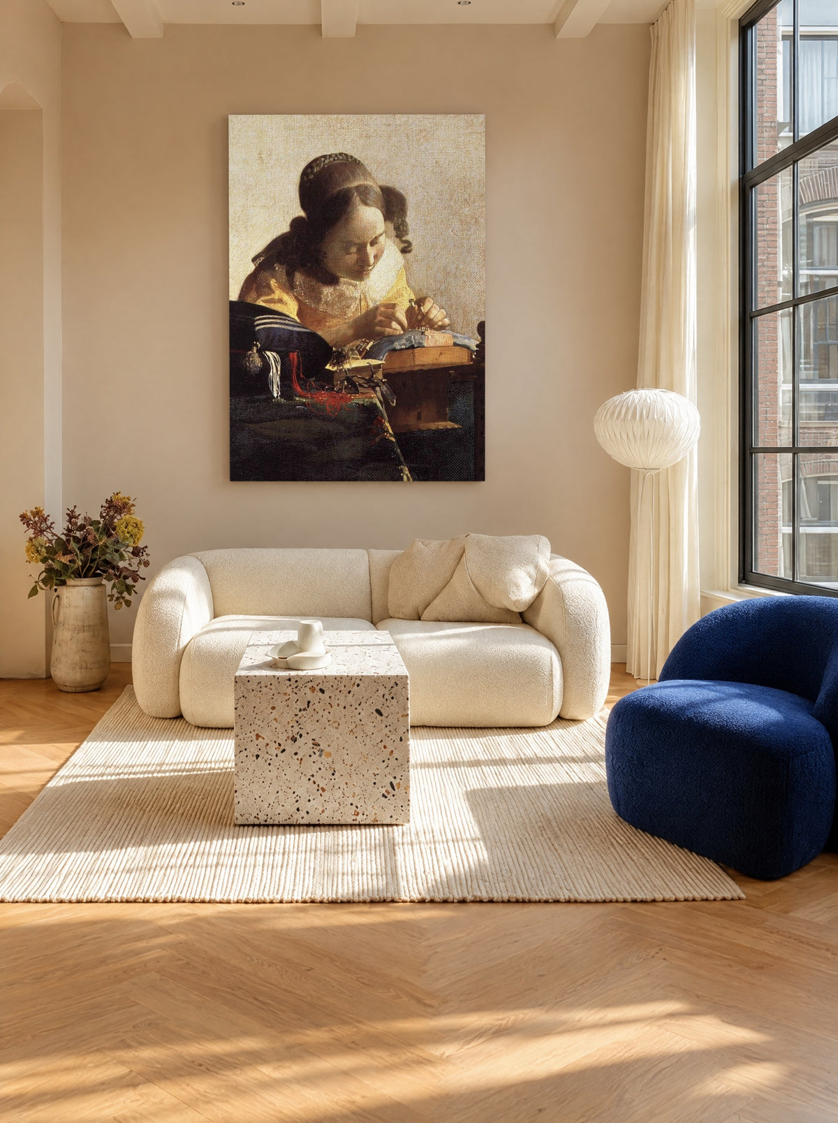 De Kantwerkster als canvas zonder lijst aan de muur