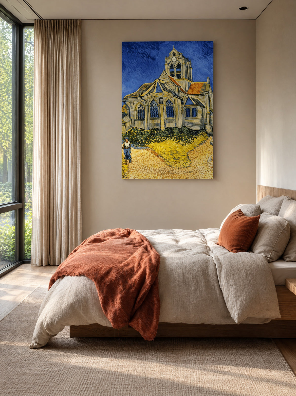 De Kerk van Auvers als canvas zonder lijst aan de muur