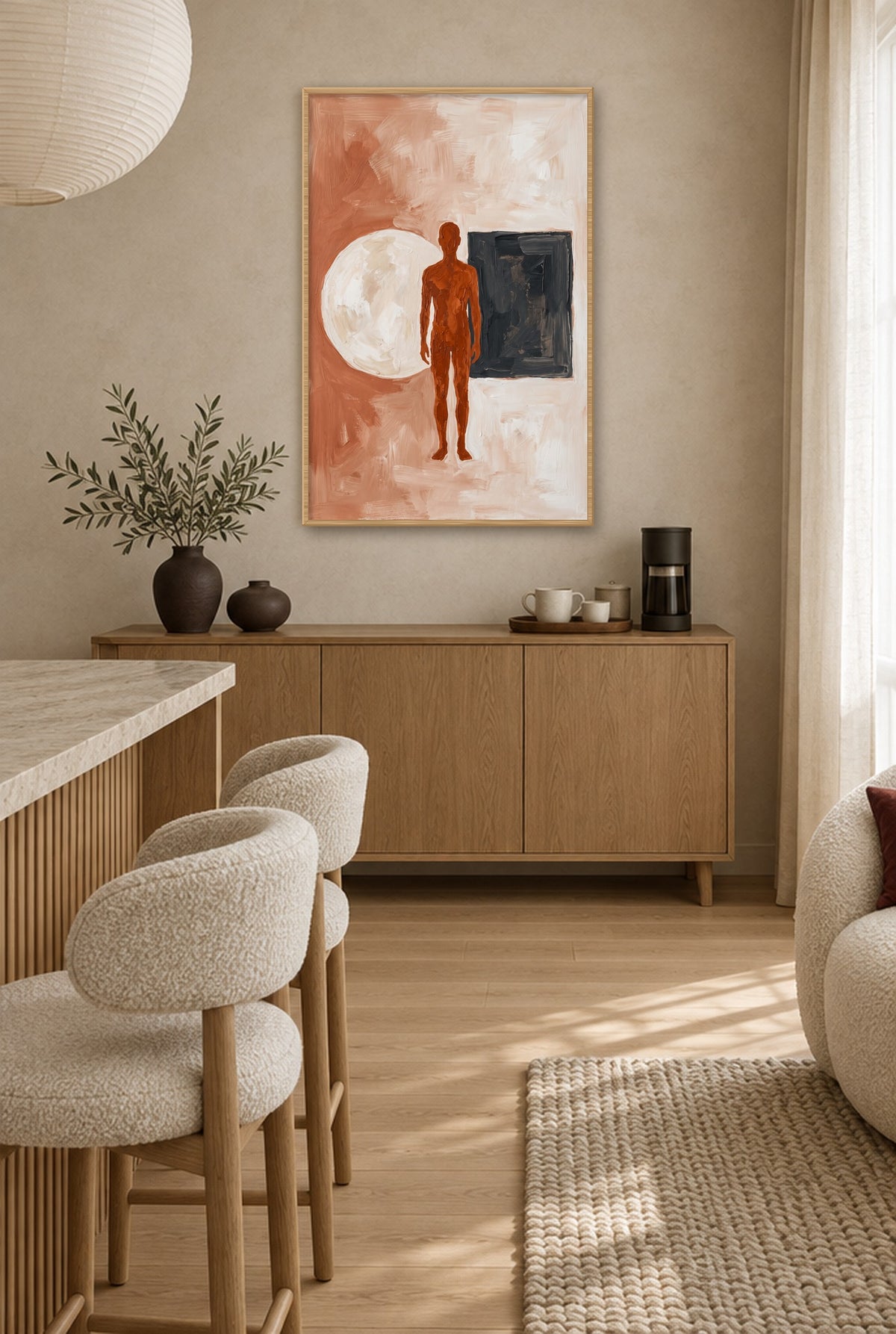 De Keuze wall art with natural wood frame on the wall in the kitchen