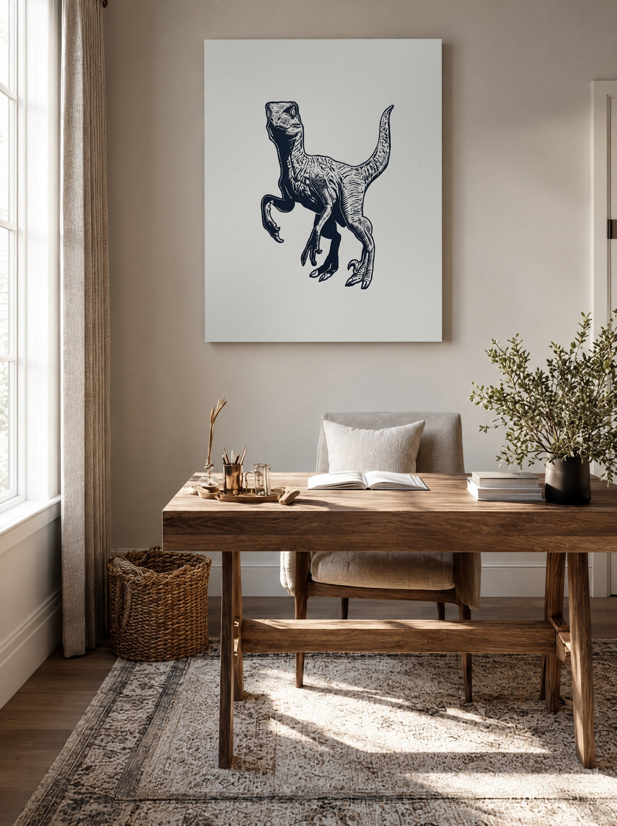 De Kleine Raptor als canvas zonder lijst aan de muur