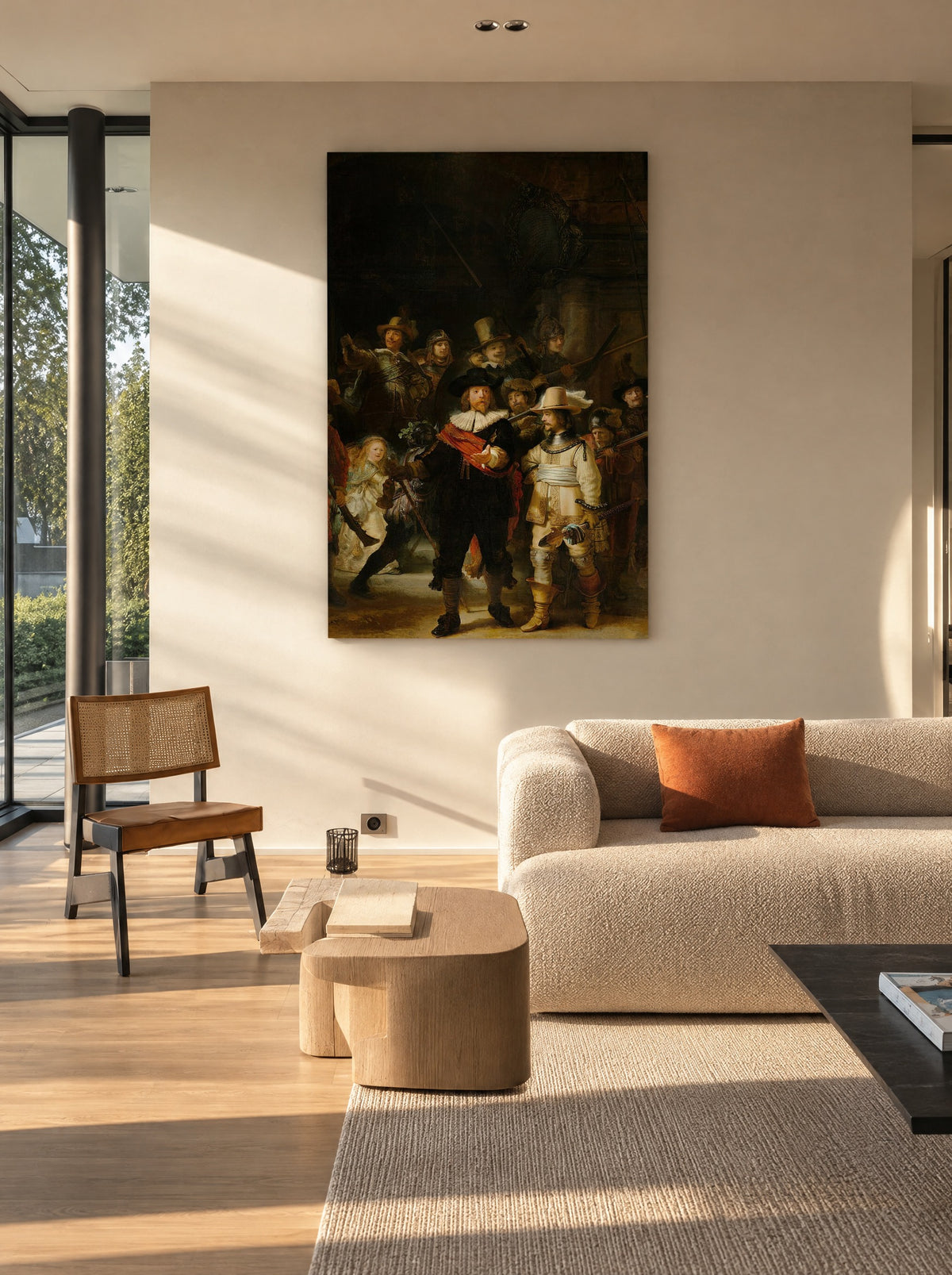 De Nachtwacht als canvas zonder lijst aan de muur