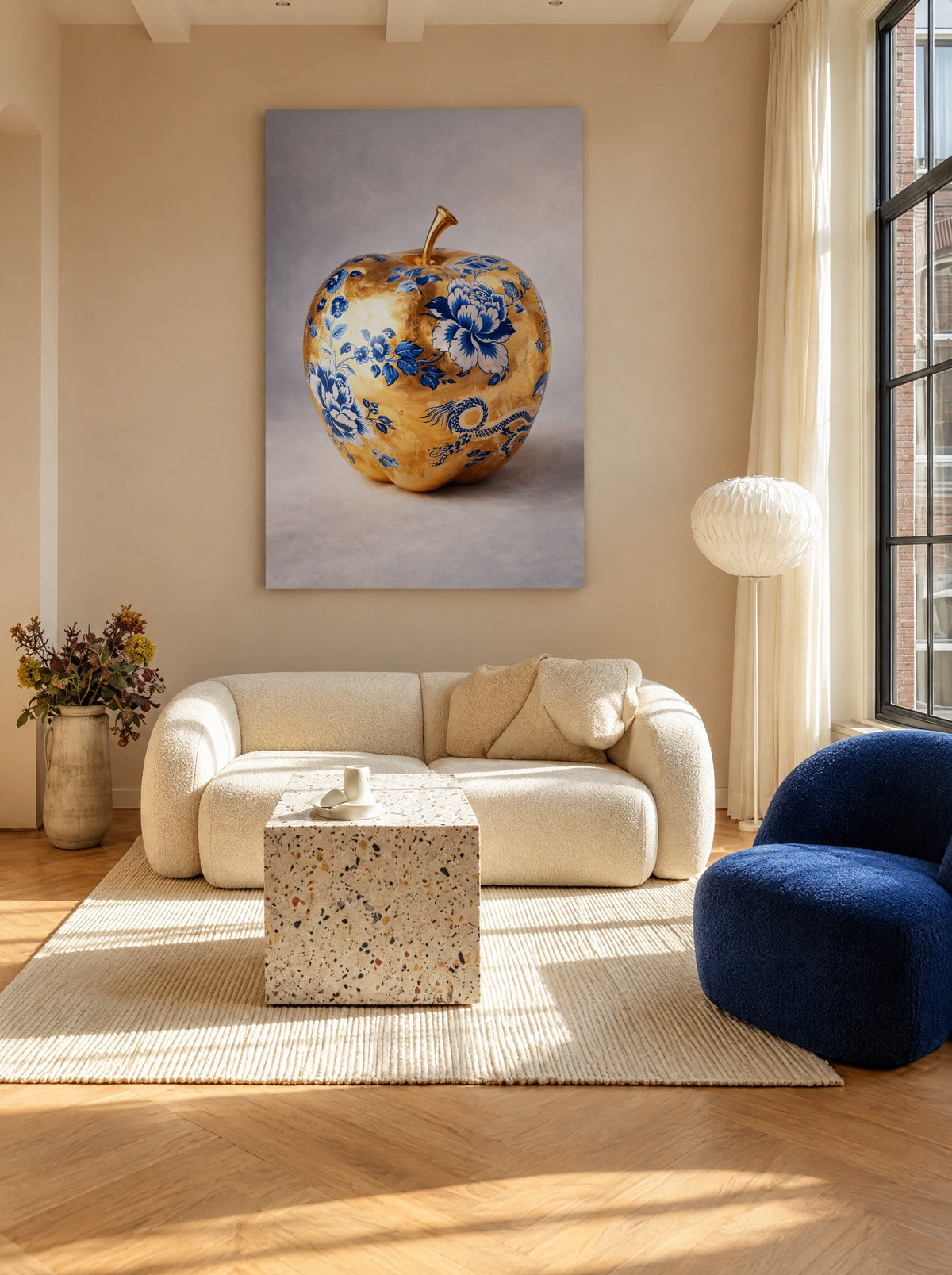 De Verboden Delftappel als canvas zonder lijst aan de muur