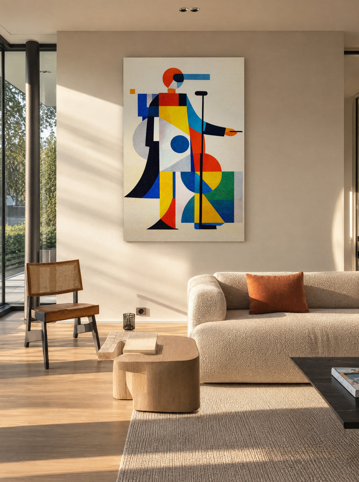 De Wandelaar van Kleurblokken als canvas zonder lijst aan de muur