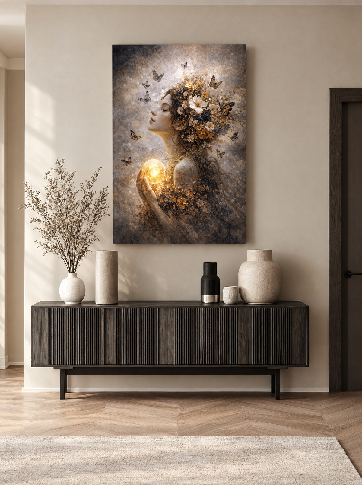 De Ziel van Vlinderlicht als canvas zonder lijst aan de muur