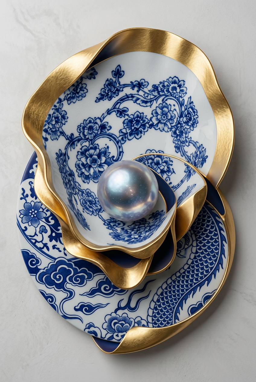 Delfts blauw keramiek met gouden accenten en parel in schelpvorm