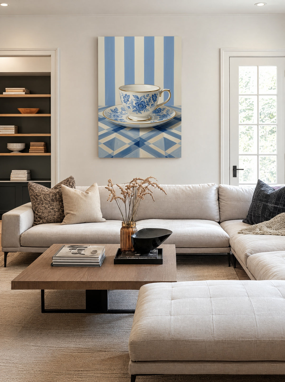 Delfts Theemoment als canvas zonder lijst aan de muur