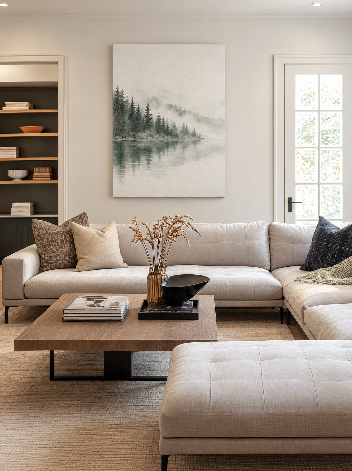 Dennenbos aan Stil Water als canvas zonder lijst aan de muur