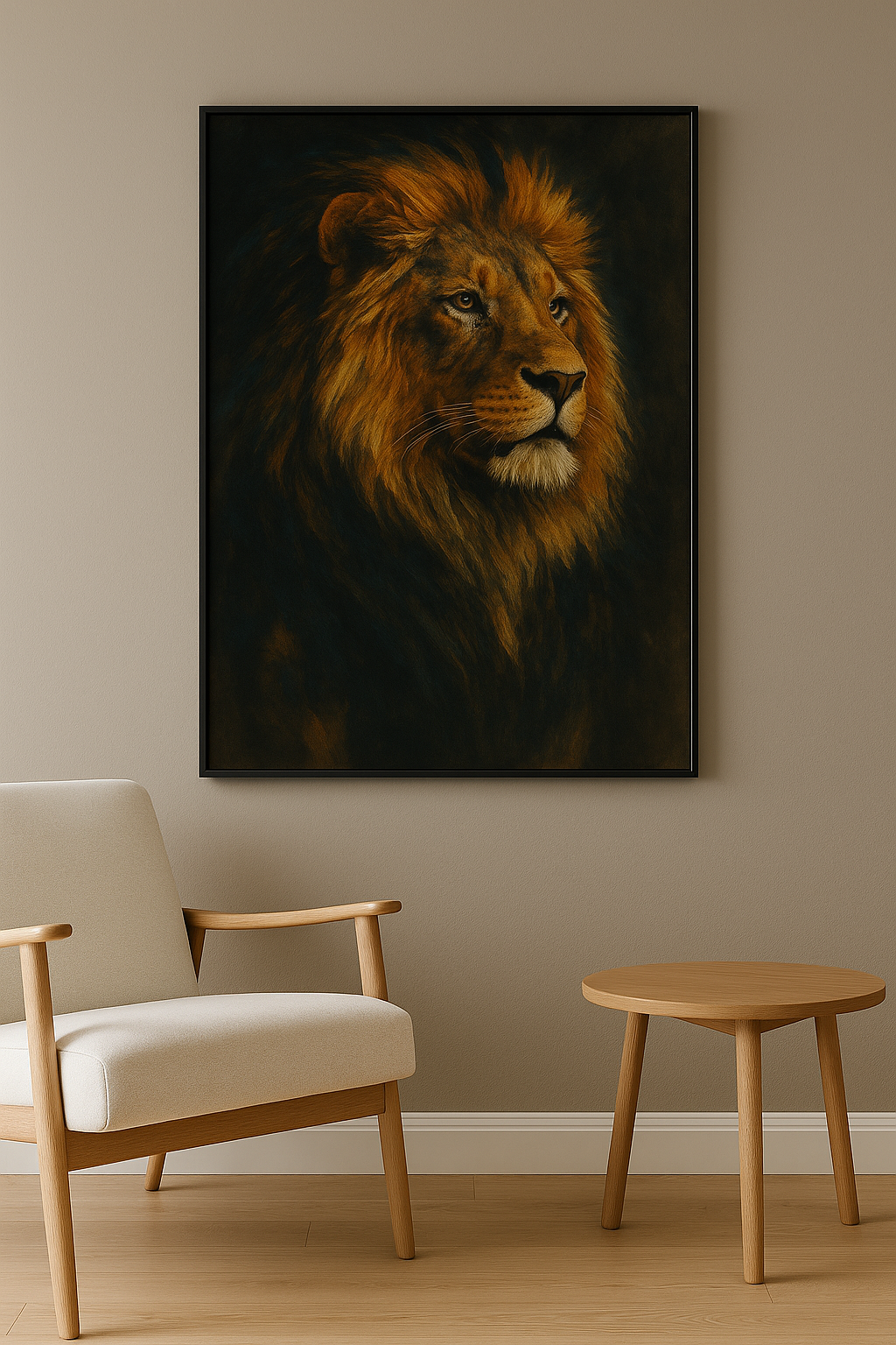 Leeuw wanddecoratie in interieur, zwarte lijst