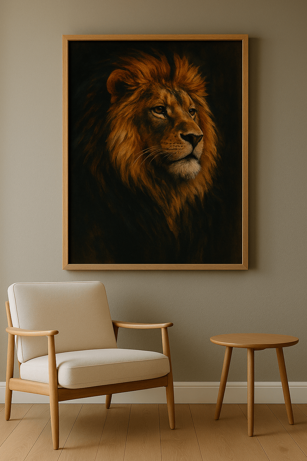 Majestueuze Leeuw in Goud Schilderij - interieurmockup eiken lijst