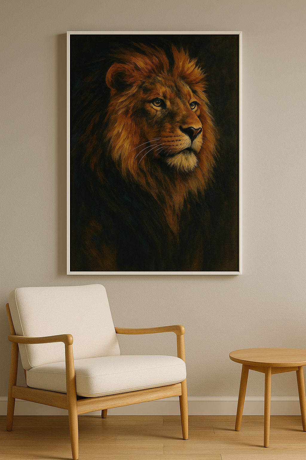 Leeuw wanddecoratie in interieur, witte lijst