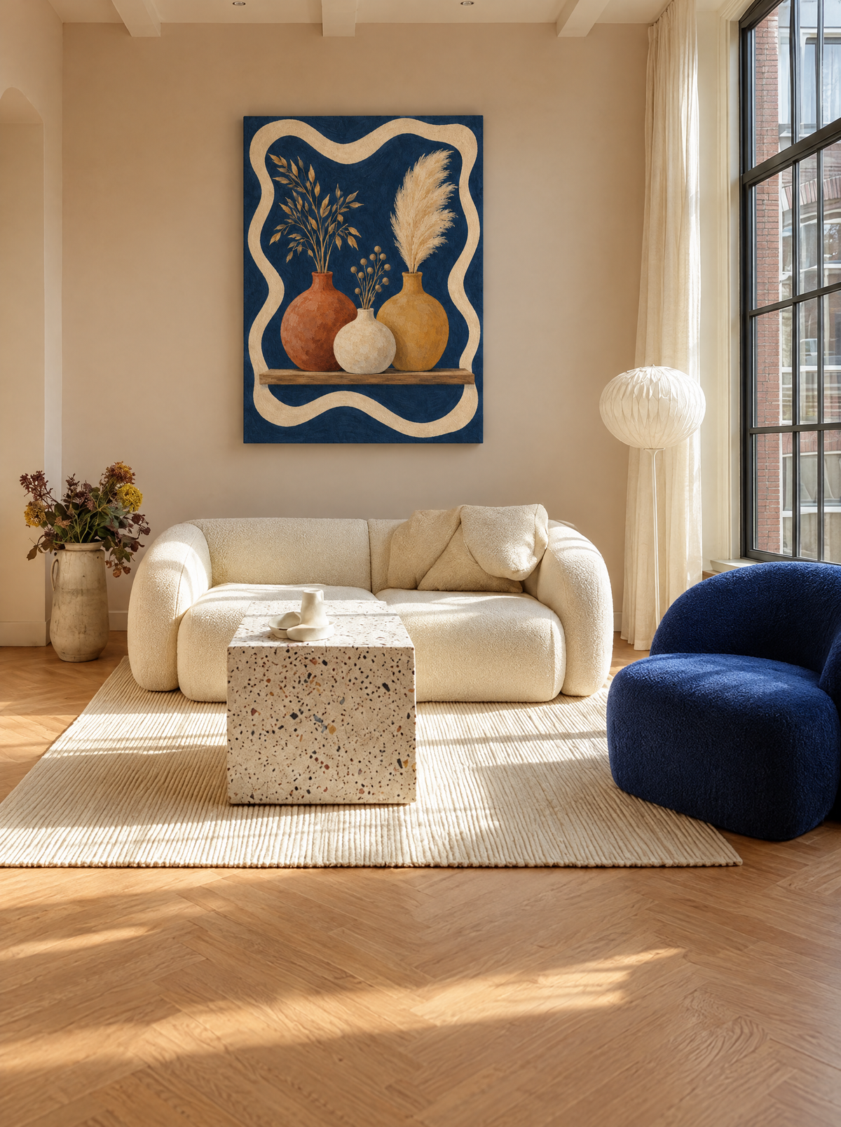 Drie Vazen op Marineblauw als canvas zonder lijst aan de muur