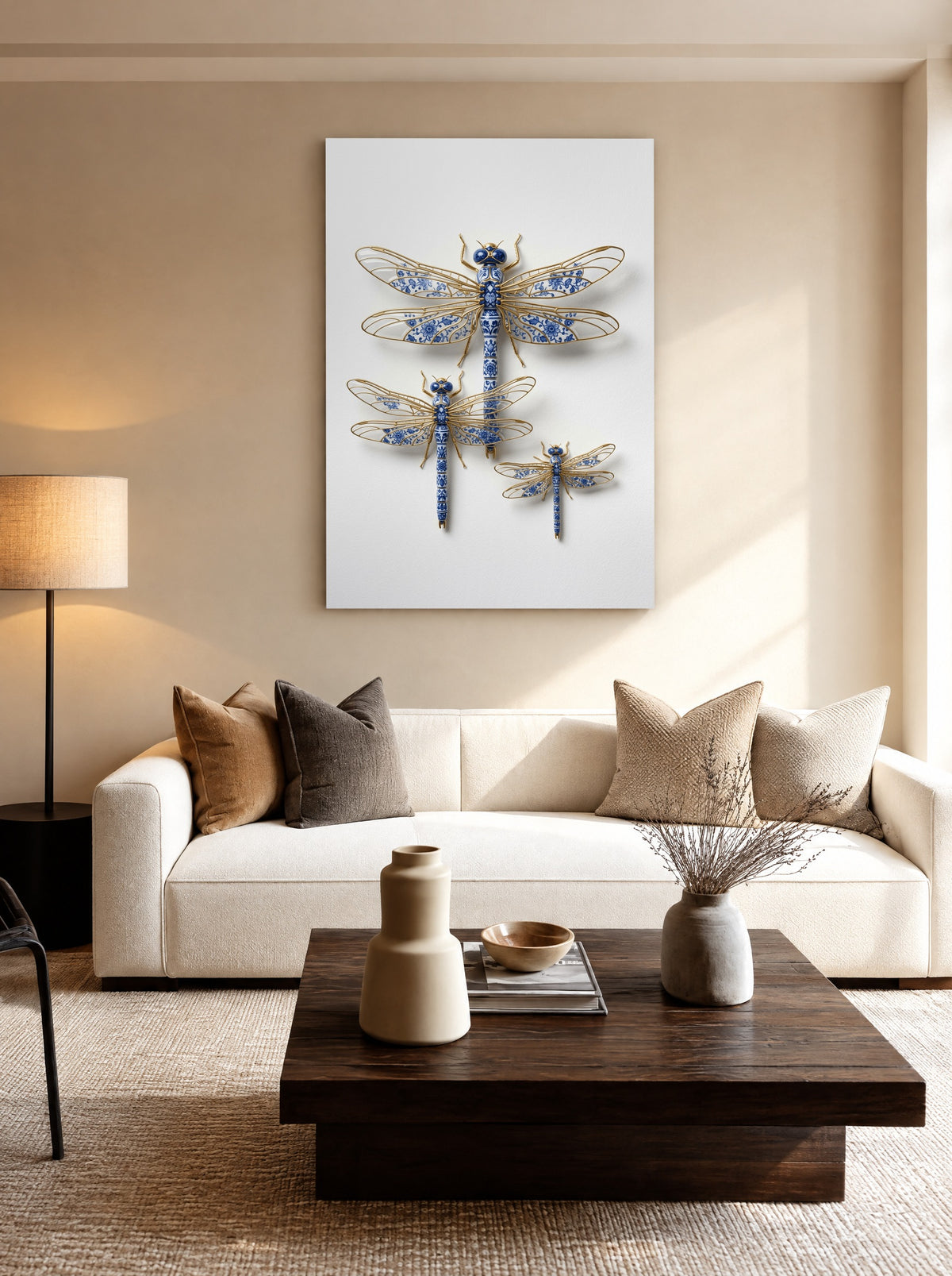Drie Vlinders van Delfts Goud als canvas zonder lijst aan de muur