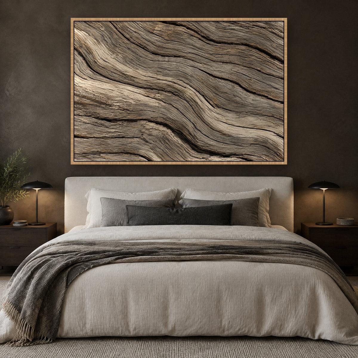 Driftwood with Split Grain wall art with natural wood frame on the wall in the bedroom