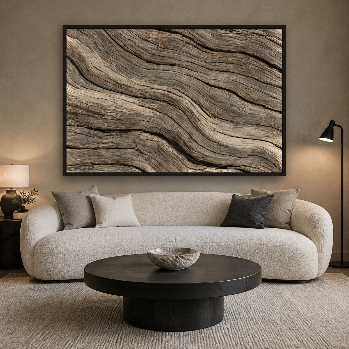 Driftwood with Split Grain wall art with black frame on the wall in the living room