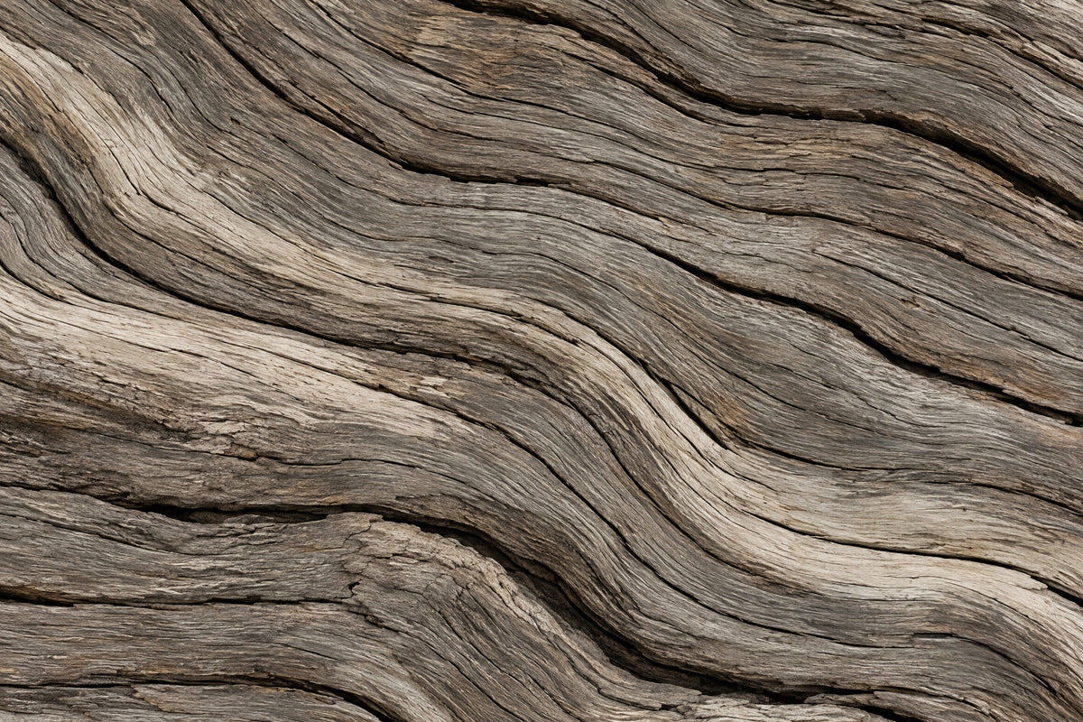 Close-up of weathered driftwood with rippling, split grain in grey-brown and sand