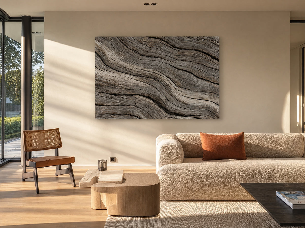 Drijfhout met Gescheurde Nerf als canvas zonder lijst aan de muur
