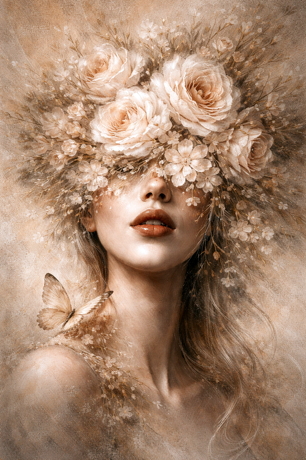 Schilderachtig vrouwelijk portret met bloemenkroon in zachte beige en crèmetinten