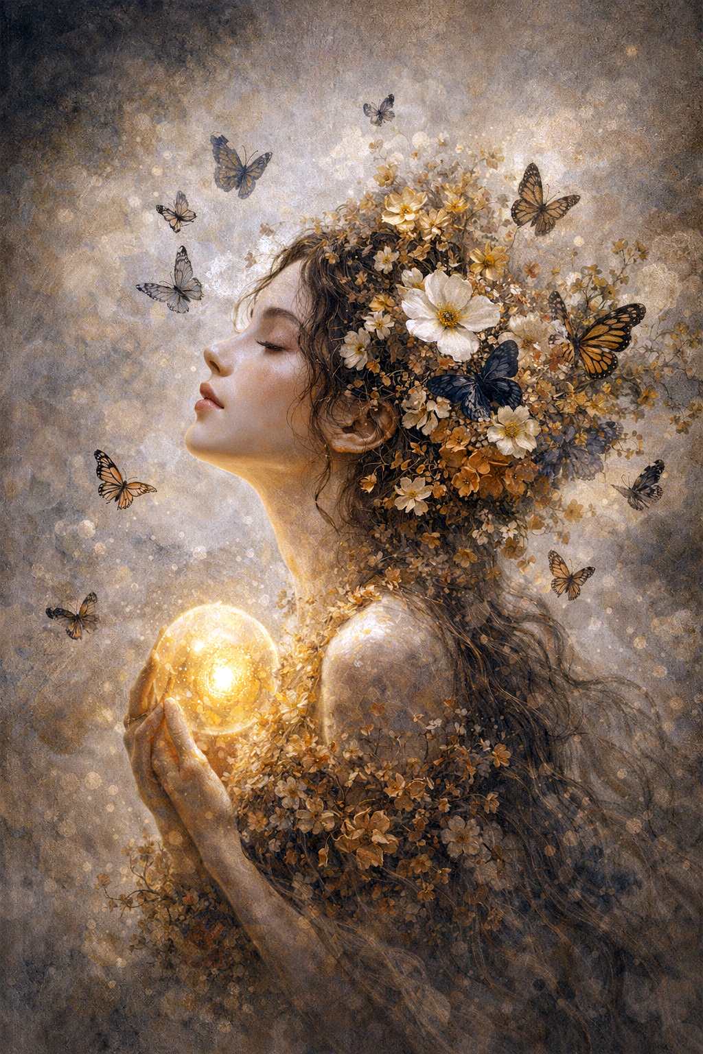 Schilderachtig vrouwelijk portret met bloemen in het haar, vlinders en een gloeiende lichtbol