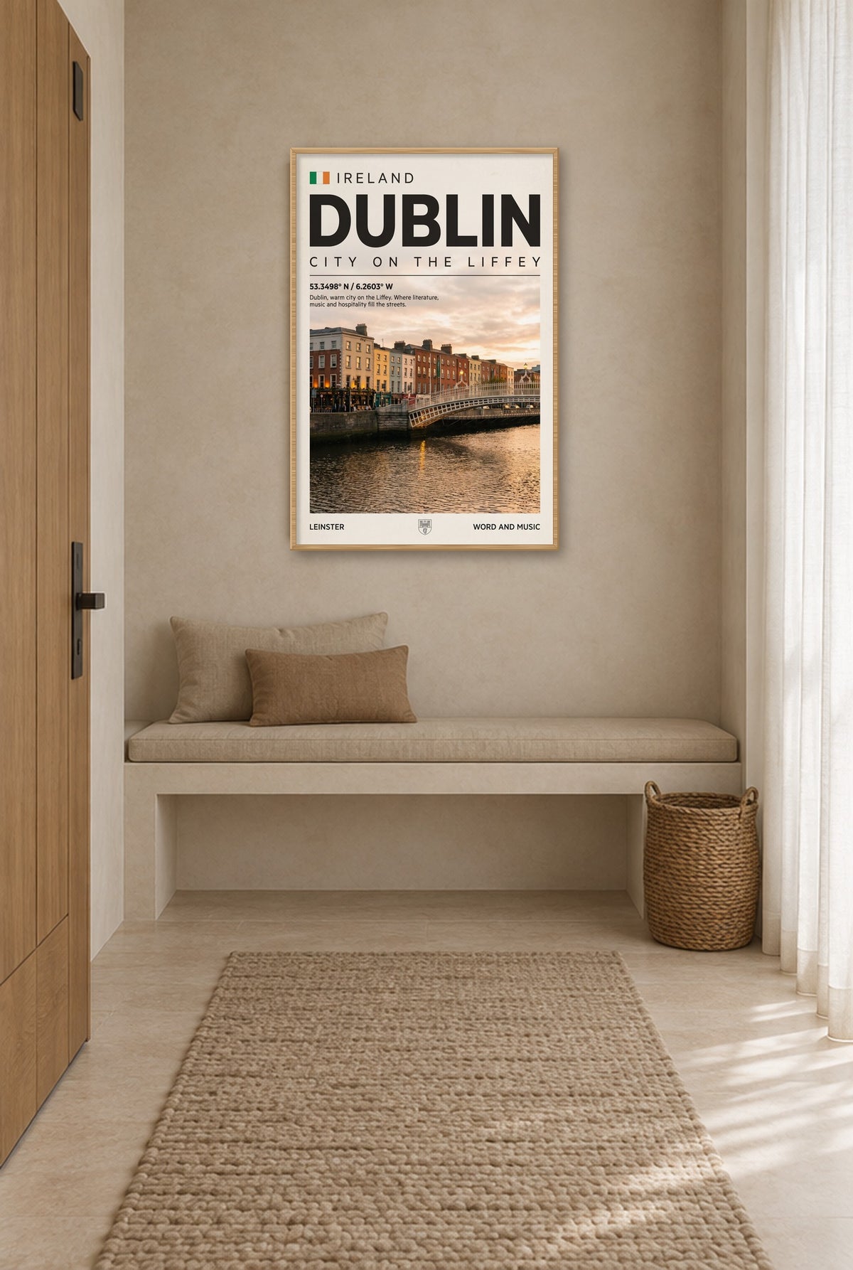 Dublin Stad aan de Liffey Wandbild mit Naturholzrahmen an der Wand im Flur