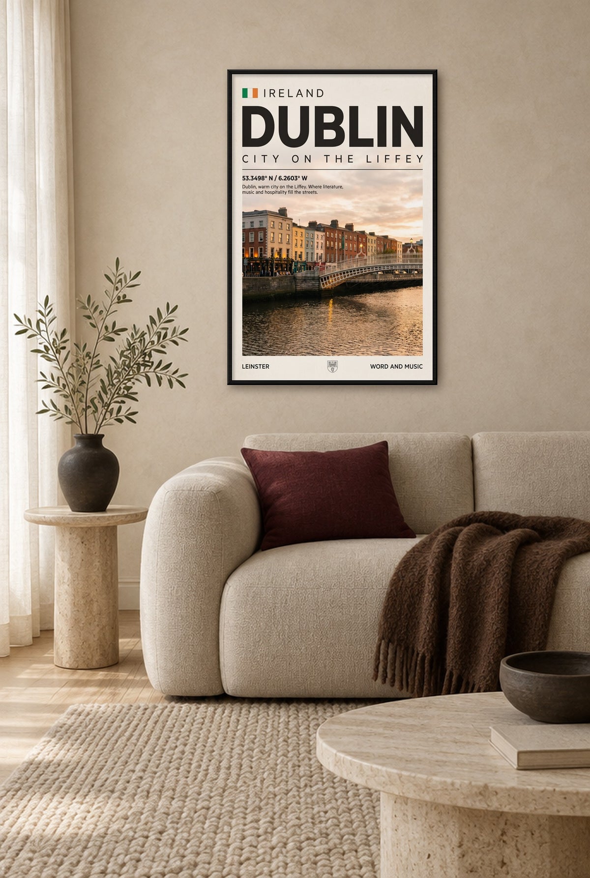 Dublin Stad aan de Liffey Wandbild mit schwarzem Rahmen an der Wand im Wohnzimmer