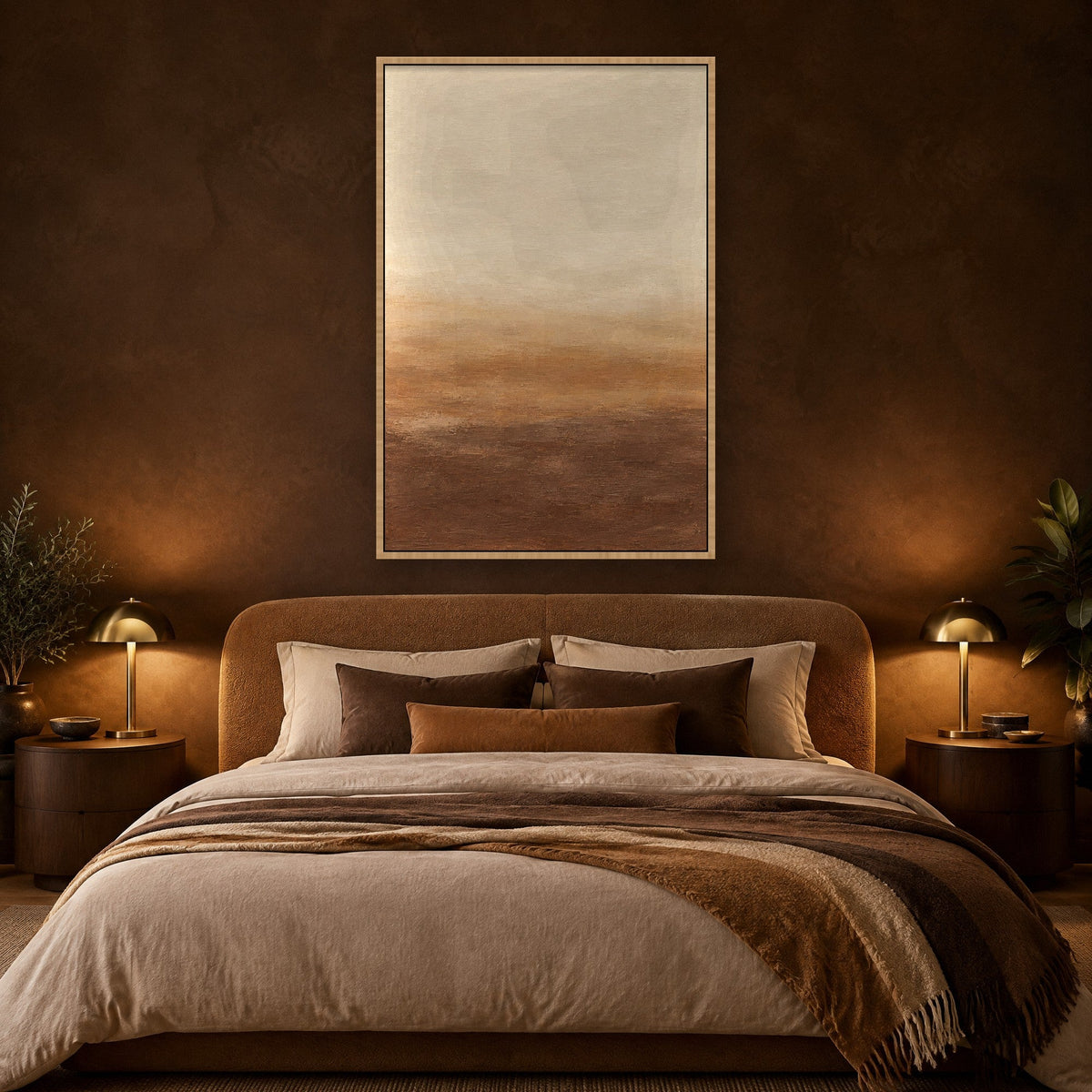 Duingloed in Caramel en Oker Schilderij met natuur houten lijst aan de muur in de slaapkamer