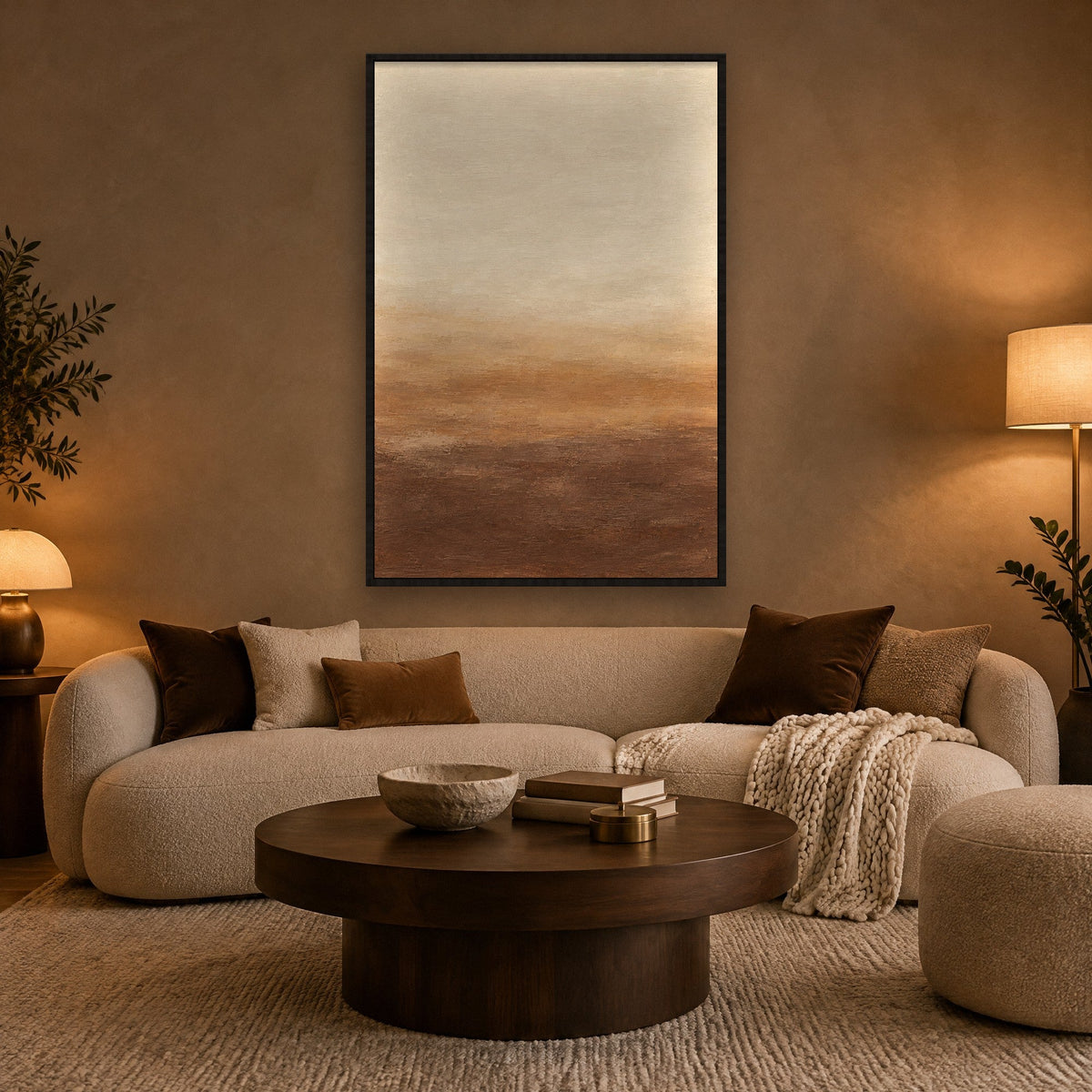 Duingloed in Caramel en Oker Schilderij met zwarte lijst aan de muur in de woonkamer