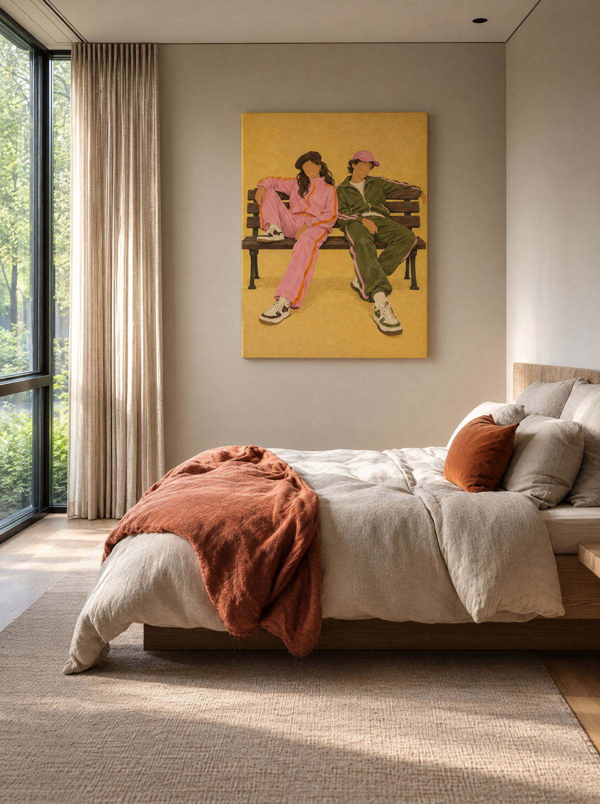 Duo op Houten Bank als canvas zonder lijst aan de muur
