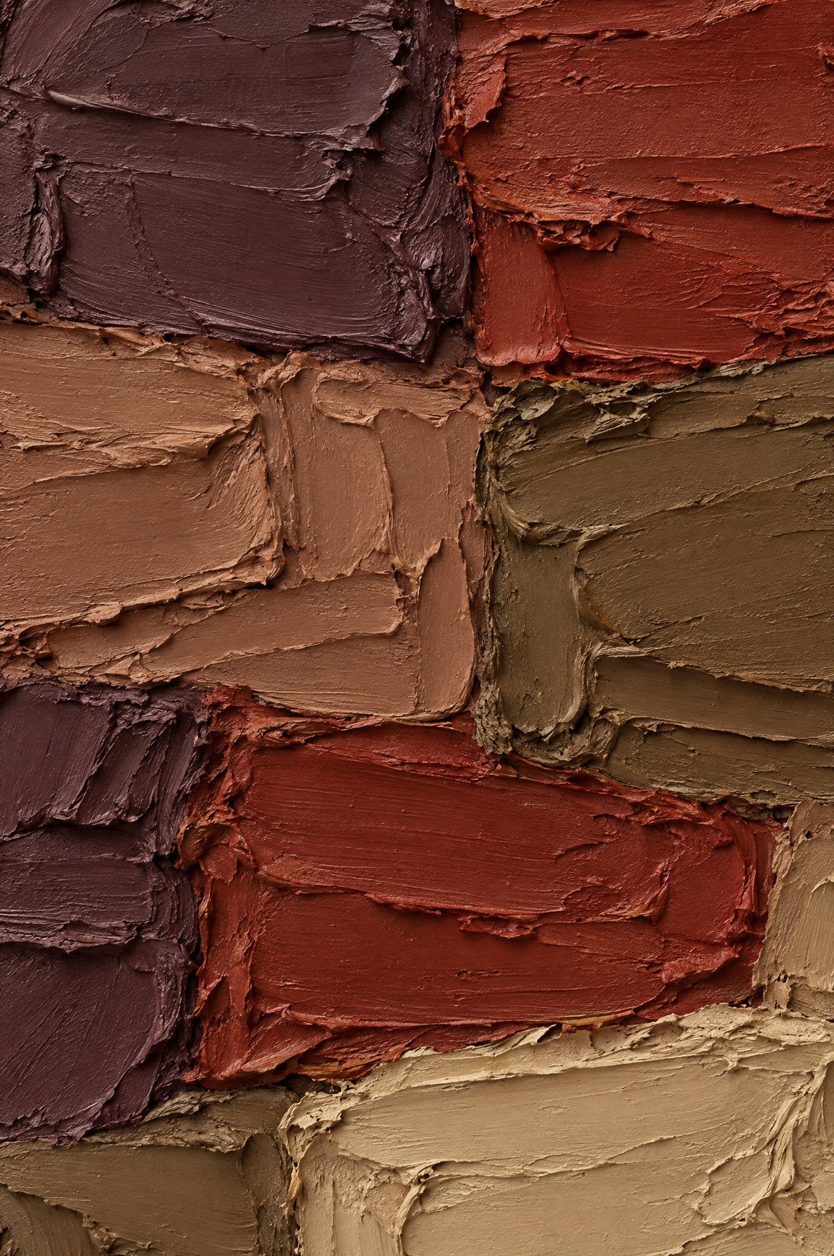 Dik impasto in baksteenvormige blokken van aubergine, roestrood, terracotta, olijf en zand