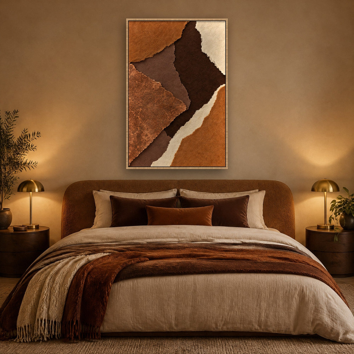 Erdfragmente mit Kupferkrakelee Wandbild mit Naturholzrahmen an der Wand im Schlafzimmer