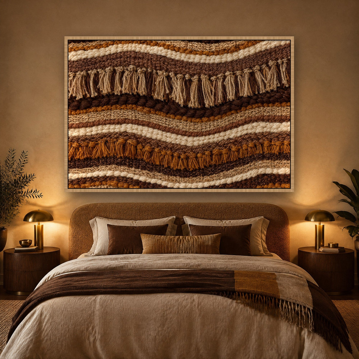 Erdgewebe mit Flechten und Fransen Wandbild mit Naturholzrahmen an der Wand im Schlafzimmer